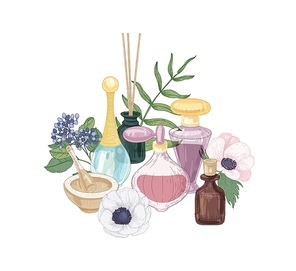 Hand drawn composition with aroma cosmetics, scented water and essential oil in glass bottles, mortar and pestle, incense sticks and blooming flowers. Realistic vector illustration in vintage style