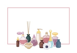Horizontal background decorated by perfume and cosmetics in glass flasks, incense sticks, mortar and pestle. Hand drawn vector illustration in vintage style for fragrance product advertisement