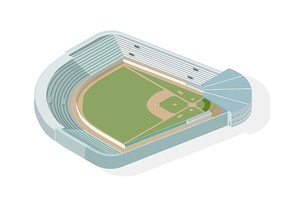 Isometric baseball park, ballpark, diamond. Modern stadium or arena isolated on white . Sports venue, structure for sporting competition, game tournament, championship. Vector illustration