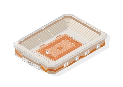 Isometric basketball court. Modern stadium or arena isolated on white . Sports venue, building or structure for sporting competition, game tournament, championship. Vector illustration