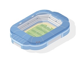Isometric soccer stadium. Modern football arena isolated on white background. Sports venue, building or structure for sporting competition, game tournament, championship. Colorful vector illustration