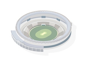 Isometric round arena. Circular cricket stadium isolated on white background. Sports venue, building or structure for sporting competition, national athletics championship. Modern vector illustration