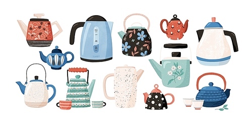 Collection of teapots and kettles isolated on white . Decorative kitchen tools, household utensils, ceramic drinkware or glassware for tea ceremony. Flat cartoon vector illustration