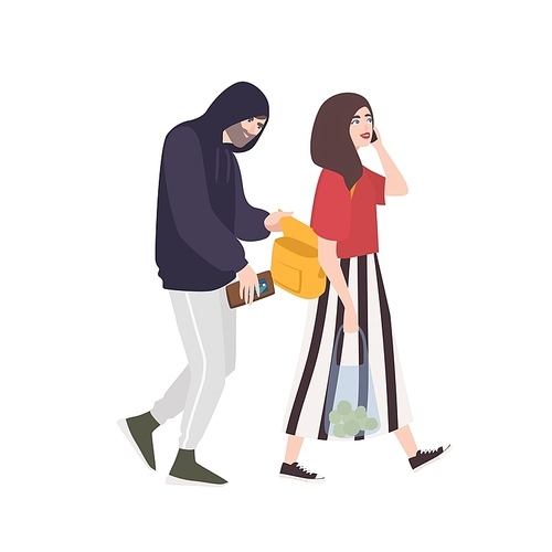 Thief, pickpocket or rubber dressed in hoodie stealing wallet or purse from woman's bag. Criminal committing crime and victim. Robbery or theft scene. Flat cartoon colorful vector illustration