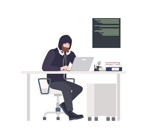 Male thief or hacker wearing black clothes, sitting at desk, hacking computer and stealing personal information. Cyber criminal, internet or online crime. Flat cartoon colorful vector illustration