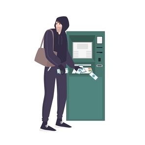 Male thief stealing money banknotes from ATM. Young angry man in hoodie committing crime. Theft or burglary in bank. Thief, burglar, criminal or outlaw. Flat cartoon colorful vector illustration