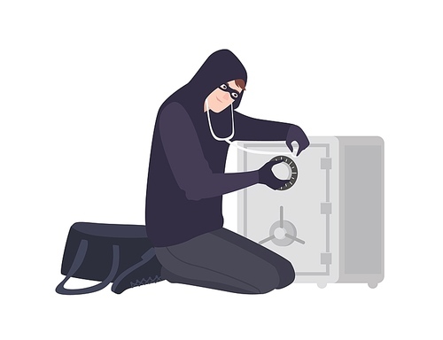 Male burglar wearing mask and hoodie using stethoscope to open safe or strongbox. Theft, burglary or housebreaking. Thief, burglar, criminal or outlaw. Flat cartoon colorful vector illustration