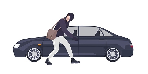 Thief, burglar or rubber dressed in hoodie sneaking to break automobile's window. Criminal committing crime. Motor vehicle theft scene, unlawful act. Flat cartoon colorful vector illustration