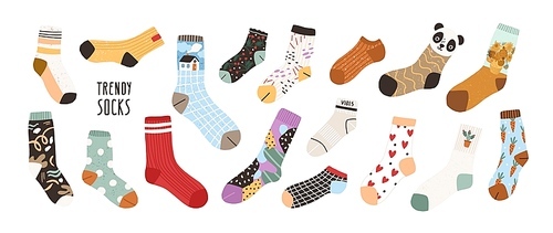 Collection of stylish cotton and woolen socks with different textures isolated on white . Bundle of trendy clothing items. Modern garment or apparel set. Flat cartoon vector illustration