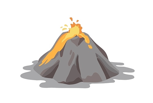 Active volcano erupting and ejecting lava fountain from crater isolated on white . Volcanic eruption, seismic activity, natural disaster. or catastrophe. Vector illustration in flat style