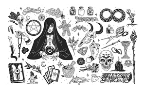Witchcraft set - witch or enchantress and mystical items for wizardry, enchantment, astrology and clairvoyance hand drawn with black contour lines on white background. Monochrome vector illustration