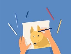 Hands creating artwork - drawing cute funny dog with colorful pencils. Creative workshop lesson or tutorial. Leisure, hobby or pastime activity. Modern flat cartoon colorful vector illustration