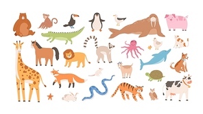Collection of funny adorable wild exotic and domestic animals - cute mammals, reptiles, birds isolated on white . Set of childish design elements. Vector illustration in flat cartoon style