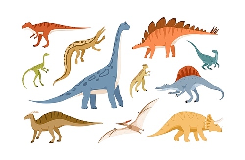 Collection of dinosaurs and pterosaurs of various types isolated on white . Bundle of prehistoric animals, giant reptiles from Jurassic period. Flat cartoon colorful vector illustration