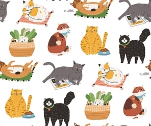 Seamless pattern with cute funny cats sleeping, washing, stretching itself, playing, hiding. Backdrop with adorable purebred pet animals on white background. Flat colorful vector illustration