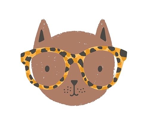 Adorable face or head of cat wearing glasses. Funny cartoon muzzle of kitten isolated on white . Childish colorful vector illustration in flat style for baby t-shirt or sweatshirt