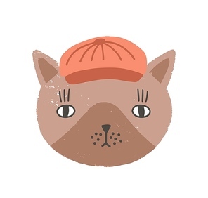 Cute funny face or head of cat wearing cap or hat. Lovely cartoon muzzle of kitten isolated on white background. Childish vector illustration in flat style for kids t-shirt or sweatshirt print