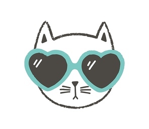 Adorable face or head of cat wearing heart-shaped sunglasses isolated on white . Portrait of stylish kitten. Flat cartoon vector illustration in flat style for children sweatshirt