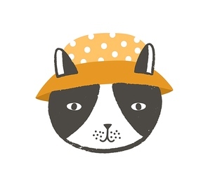 Adorable face or head of cat wearing bucket hat. Funny cute cartoon muzzle of kitten isolated on white . Childish vector illustration in flat style for kids t-shirt or sweatshirt