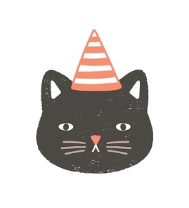 Lovely face or head of cat wearing party hat for birthday celebration. Funny cartoon muzzle of pussycat isolated on white . Childish vector illustration in flat style for kids t-shirt