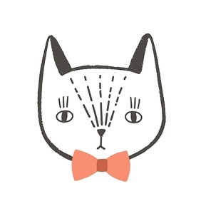 Pretty face or head of cat with elegant bow tie. Lovely cartoon muzzle of kitten wearing stylish accessory isolated on white background. Modern vector illustration in flat style for t-shirt print