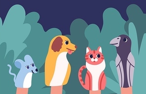Hand or glove puppets of animals manipulated by puppeteer. Traditional entertaining theater performance and storytelling for children with fairytale characters. Flat cartoon vector illustration