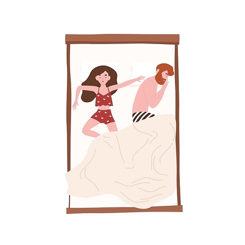 Funny young couple lying relaxed under blanket. Cute man sleeping on side and woman spreading herself on bed. Girl and boy napping at home. Top view. Flat cartoon colorful vector illustration