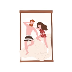 Cute happy couple lying in comfy bed. Funny man and woman sleeping at night. Girl and boy napping, slumbering or dozing at home. Relaxation and recreation. Flat cartoon colorful vector illustration