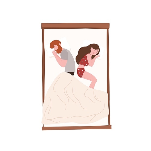 Happy young couple sleeping back to back at night. Romantic partners lying on bed. Cute girl and boy napping, slumbering or dozing at home. Rest or repose. Flat cartoon colorful vector illustration