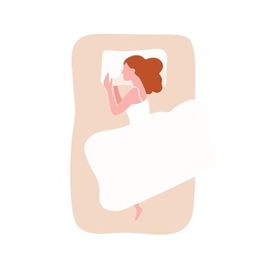 Cute young woman sleeping on bed under blanket or duvet. Female character relaxing during night slumber. Girl dozing or napping on comfy mattress. Top view. Flat cartoon colorful vector illustration