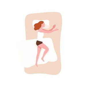 Young woman lying in cozy bed and sleeping on left side. Female cartoon character relaxing during night slumber. Cute girl dozing or napping. Top view. Flat cartoon colorful vector illustration
