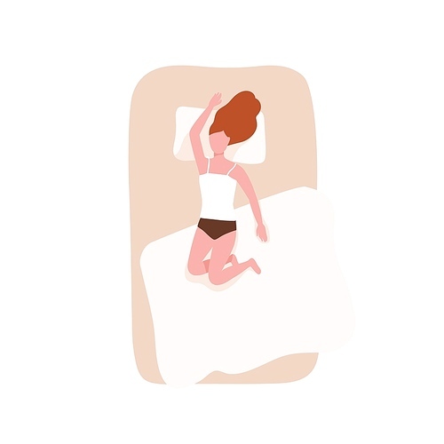 Redhead woman sleeping on her back on comfortable bed. Female character relaxing during night slumber. Young girl napping on cozy mattress in bedroom. Top view. Flat cartoon vector illustration