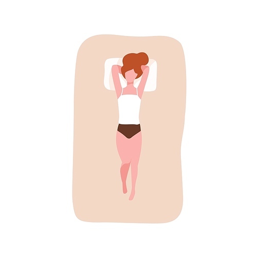 Young woman sleeping on her back with hands under head. Female character relaxing during night slumber on comfy bed. Young girl dozing on cozy mattress. Top view. Flat cartoon vector illustration