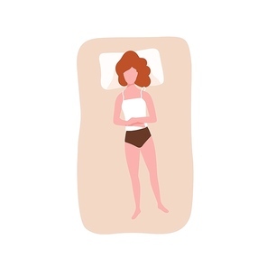 Cute redhead woman sleeping on her back. Female character napping or relaxing during night slumber on comfortable bed. Lazy young girl dozing on mattress. Top view. Flat cartoon vector illustration