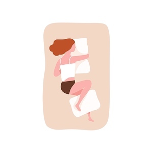 Young woman sleeping on her side and hugging pillow. Cute funny girl falling asleep on comfortable bed. Night relaxation, slumber, rest or nap. Top view. Flat cartoon colorful vector illustration