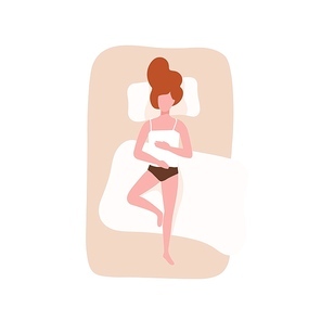 Young woman sleeping on her back. Female character relaxing during night slumber on comfy bed. Lazy young girl lying on cozy mattress at home. Top view. Flat cartoon colorful vector illustration