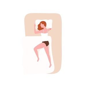 Redhead girl sleeping on her side on comfortable bed. Female character falling asleep in bedroom. Young woman taking rest on cozy mattress. Top view. Flat cartoon colorful vector illustration
