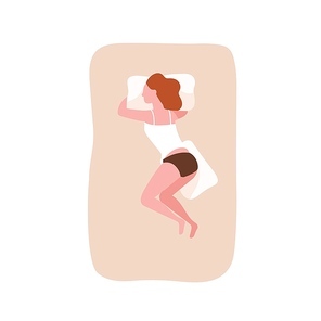 Cute girl sleeping on her side on comfy bed and embracing pillow. Female character taking nap or dozing. Young woman on cozy mattress during night slumber. Top view. Flat cartoon vector illustration
