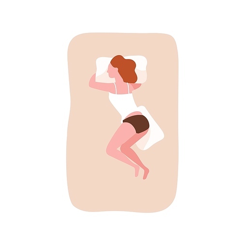 Cute girl sleeping on her side on comfy bed and embracing pillow. Female character taking nap or dozing. Young woman on cozy mattress during night slumber. Top view. Flat cartoon vector illustration