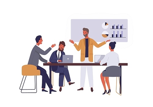 Business conference flat vector illustration. Boss and employees discussing project isolated cartoon characters on white . Manager presenting company financial report. Brainstorming team