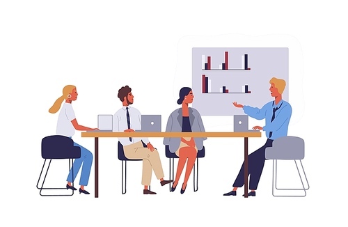 Business people coworking space flat vector illustration. Employees characters in meeting room. Businessmen and businesswomen conference isolated clipart. Colleagues discussing corporate project