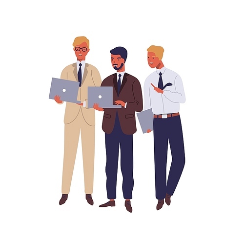 Managers working on laptop and talking flat vector illustration. Cheerful office workers in business suits discussing project cartoon characters on white background. Colleagues solving project issues