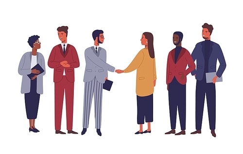 Businessman and businesswoman shaking hands flat vector characters. International partnership isolated clipart. Successful negotiations, agreement cartoon illustration. Business partners meeting