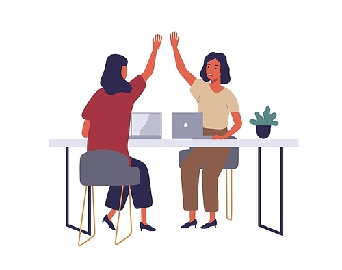 Employees in coworking open office flat vector illustration. Women giving high five at workplace cartoon characters. Corporate workers using laptops. Happy smiling female coworkers isolated clipart