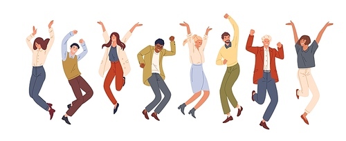 Happy jumping office workers flat vector illustration. Cheerful corporate employees cartoon characters set. Young male and female students in casual clothes isolated clipart. Diverse group of people
