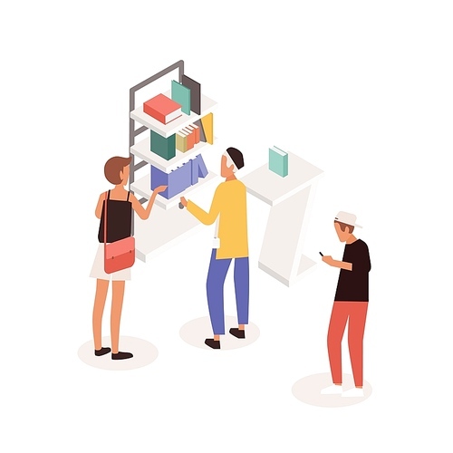 Customers standing near commercial promotional stand or shelves with books and talking to consultant. People at literature fair, exhibition or marketplace. Colorful isometric vector illustration