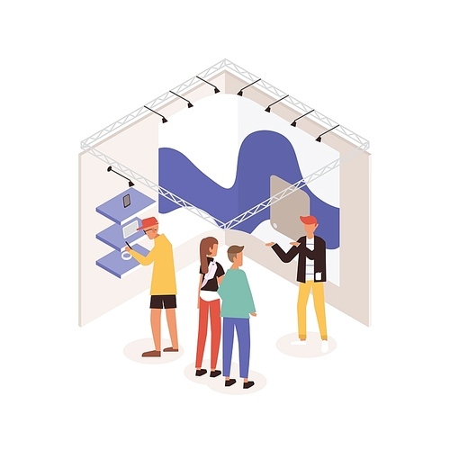 Men and women standing near commercial promotional stand and talking to consultant demonstrating gadget or device. People at electronics fair or exhibition. Colorful isometric vector illustration