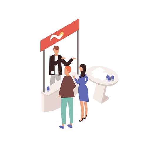 Man and woman standing in front of commercial promo stand and talking to promoter, seller or consultant. People at trade fair, festival or marketplace. Colorful isometric vector illustration