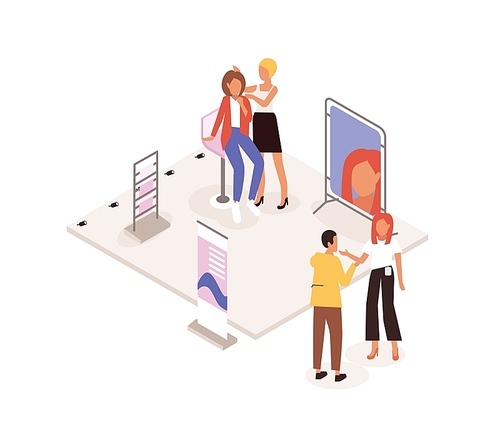 Makeup artist and woman at commercial promotional stand of cosmetics product. Promoter, seller or consultant talking to customer. People at trade fair. Colorful isometric vector illustration