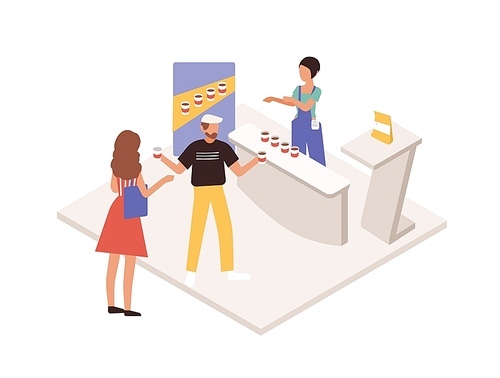 Man and woman tasting beverage or drink at commercial promotional stand. Promoter, seller or consultant demonstrating product to customers. People at trade fair, expo. Isometric vector illustration